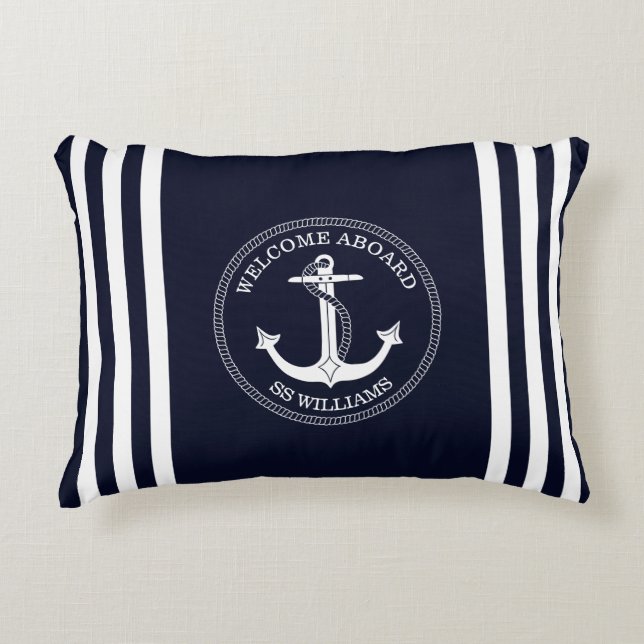 Name des Schiffes Nautic Navy Blue White Anchor St Dekokissen (Vorderseite)