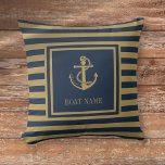 Name des Schiffes Navy Blau und Gold gestreift Kissen<br><div class="desc">Ein nautisches Design mit einem Anker,  stilvollen marineblauen und goldenen Streifen und personalisiert mit Ihrem Bootsnamen. Entwickelt von Thisisnotme©</div>