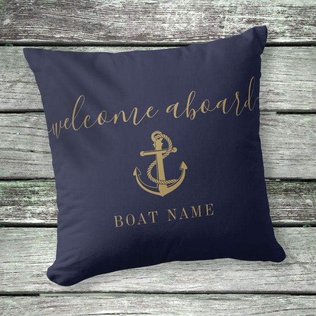 Name des Schiffes Navy Blue and Gold Anker Willkom Kissen (Boat Name Navy Blue And Gold Anchor Welcome Aboard Throw Pillow)