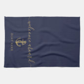 Name des Schiffes Navy Blue Gold Willkommen an Bor Geschirrtuch (Horizontal)