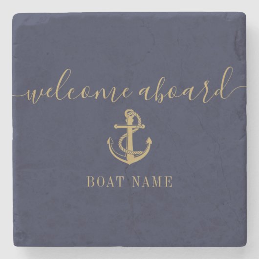 Name des Schiffes Navy Blue Gold Willkommen an Bor Steinuntersetzer (Vorderseite)