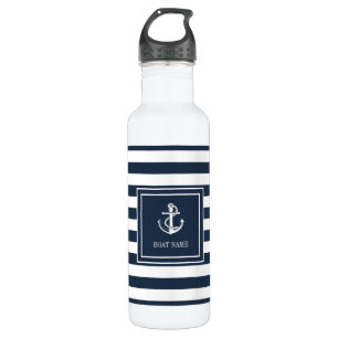 Name des Schiffes Navy Blue Stripe Nautical Anchor Edelstahlflasche