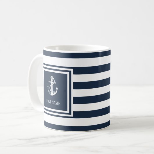 Name des Schiffes Navy Blue Stripe Nautical Anchor Kaffeetasse (Vorderseite Links)