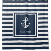 Name des Schiffes Navy Blue Striped Nautical Ancho Duschvorhang (Vorderseite)