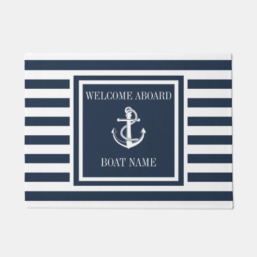 Name des Schiffes Navy Blue Striping Nautical Anch Fußmatte (Vorderseite)