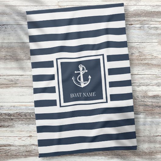 Name des Schiffes Navy Blue Striping Nautical Anch Geschirrtuch