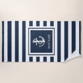Name des Schiffes Navy Blue Striping Nautical Anch Strandtuch (Vorderseite)