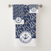 Name des Schiffes Navy Blue White Anchor n Rope Badhandtuch Set (Insitu)