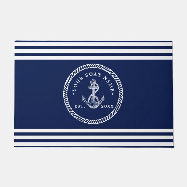 Name des Schiffes Navy Blue & White Fußmatte (Vorderseite)