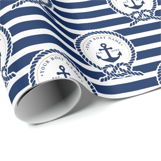 Name des Schiffes Navy Blue & White Geschenkpapier (Rolleneckpunkt)