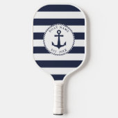 Name des Schiffes Navy Blue White Stripes Nautical Pickleball Schläger (Rückseite)