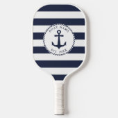 Name des Schiffes Navy Blue White Stripes Nautical Pickleball Schläger (Vorderseite)