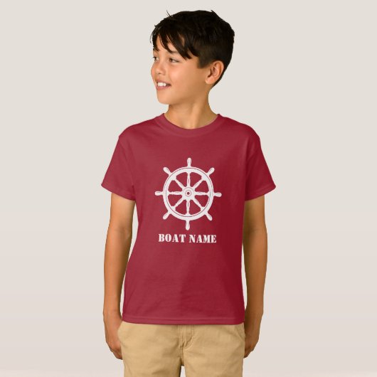 Name des Schiffes oder Name Helm Wheel Red & White T-Shirt (Vorne ganz)