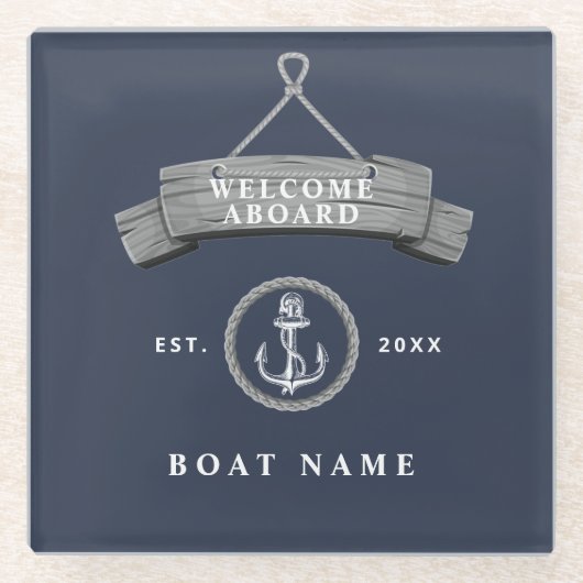 Name des Schiffes personalisierter Ankersee blau Glasuntersetzer (Vorderseite)