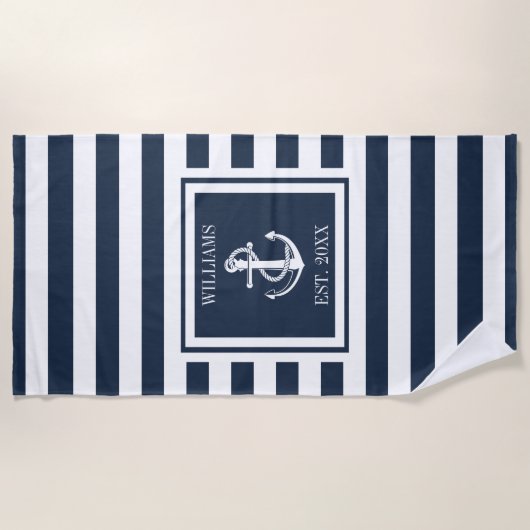 Name des Schiffs der Navy Blue Stripe Nautical Anc Strandtuch (Vorderseite)