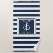 Name des Schiffs der Navy Blue Stripe Nautical Anc Strandtuch (Vorderseite)