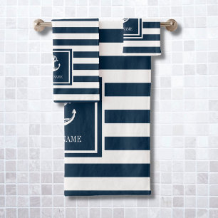 Name des Schiffs "Navy Blue Stripe Nautic Anchor" Badhandtuch Set