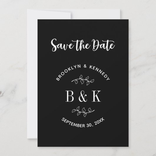 Name des Schwarz-weißen botanischen Monogrammes Save The Date (Vorderseite)