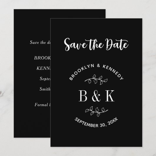 Name des Schwarz-weißen botanischen Monogrammes Save The Date (Vorne/Hinten)