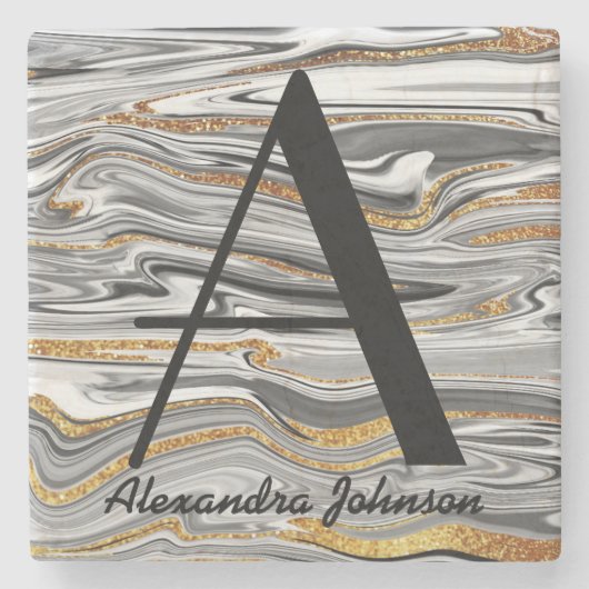 Name des Schwarz-weißen und Glitzer-Gold-Monogramm Steinuntersetzer (Vorderseite)