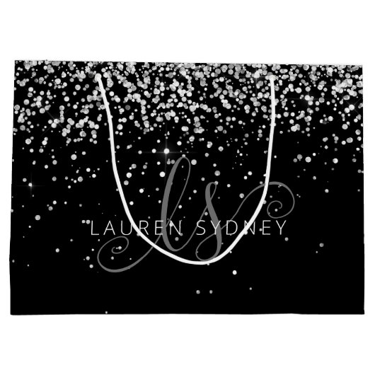 Name des Schwarzen Silver Glitzer Glam Monogram Große Geschenktüte (Rückseite)