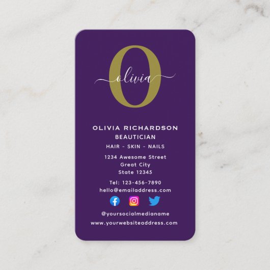 Name des senkrechten Monogrammskripts Lila White G Visitenkarte (Vorderseite)