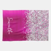 Name des silbernen Glitzer Hot Pink Glam Geschirrtuch (Horizontal)