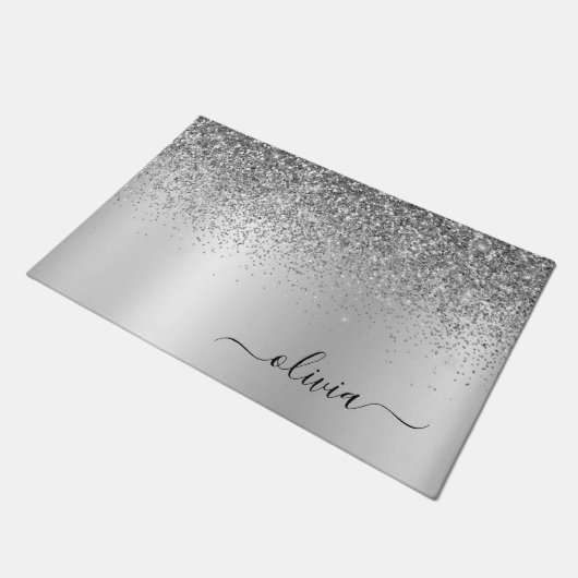 Name des silbernen Glitzer Metal Monogram Fußmatte (Schrägansicht)