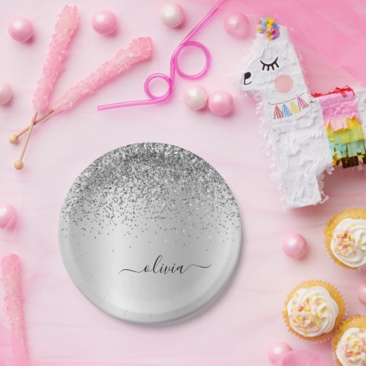Name des silbernen Glitzer Metal Monogram Pappteller (Party)
