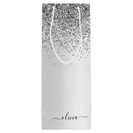 Name des Silver Glitzer-Sparkle-Metal-Monogramms Geschenktüte Für Weinflaschen (Rückseite)