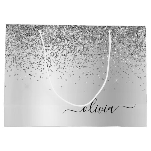Name des Silver Glitzer-Sparkle-Metal-Monogramms Große Geschenktüte (Rückseite)