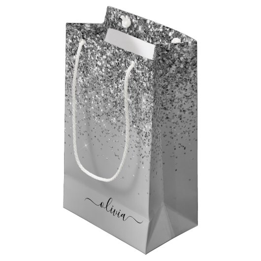 Name des Silver Glitzer-Sparkle-Metal-Monogramms Kleine Geschenktüte (Vorderseite Schrägansicht)