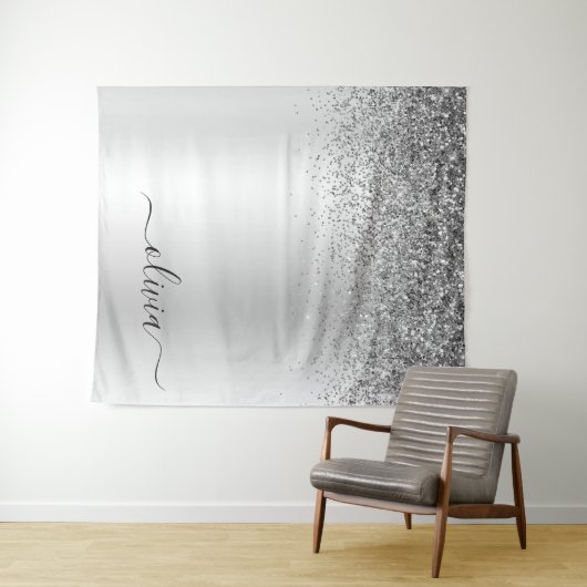 Name des Silver Glitzer-Sparkle-Metal-Monogramms Wandteppich (Beispiel (Horizontal))