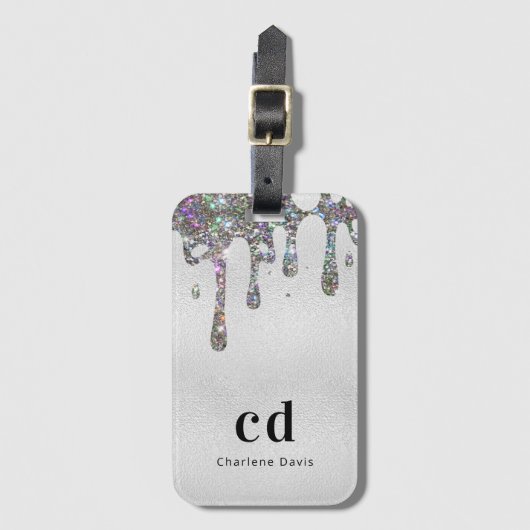 Name des Silver Glitzer Tropfens Monogramm Gepäckanhänger (Vorderseite Vertikal)