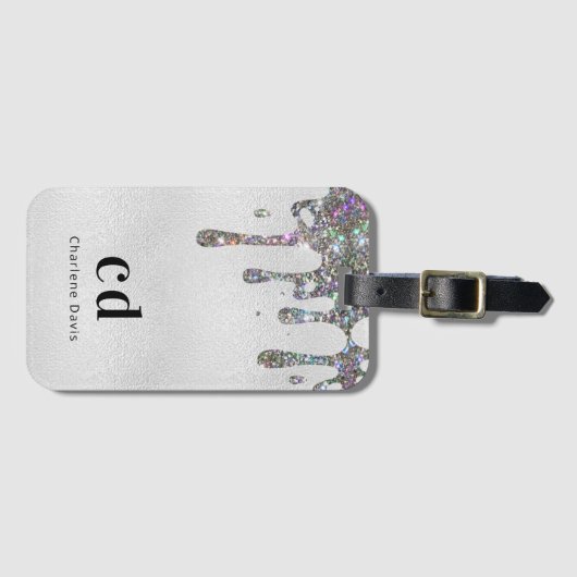 Name des Silver Glitzer Tropfens Monogramm Gepäckanhänger (Vorderseite (Horizontal))