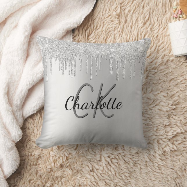 Name des Silver Glitzer Tropfens Monogramm Kissen (Decke)