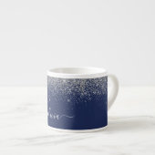 Name des Silver Navy Blue Glitzer Metal Monogram Espressotasse (Vorderseite Rechts)