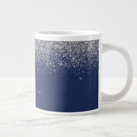 Name des Silver Navy Blue Glitzer Metal Monogram Jumbo-Tasse (Rechts)
