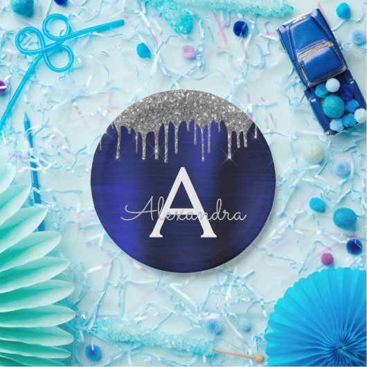 Name des Silver Navy Blue Glitzer-Sparkons Pappteller (Party)