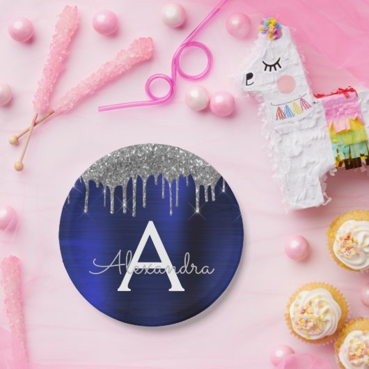 Name des Silver Navy Blue Glitzer-Sparkons Pappteller (Party)