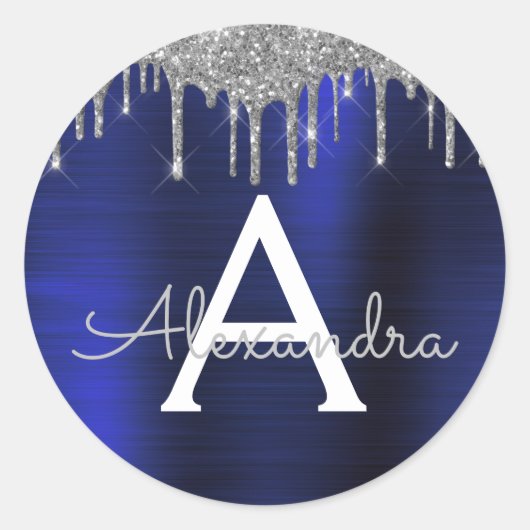 Name des Silver Navy Blue Glitzer-Sparkons Runder Aufkleber (Vorderseite)