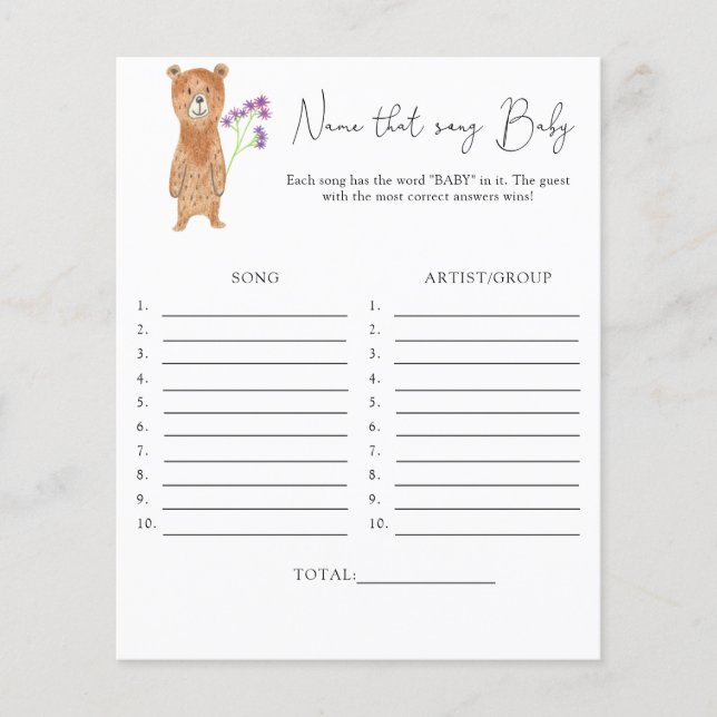 Name dieses Songs \ Bear Thema Baby Dusche Spiel (Vorderseite)