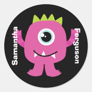 Name Etikett/Aufkleber - rosa Monster-Design Runder Aufkleber