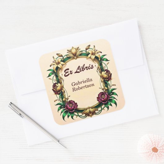 Name Ex Libris hinzufügen Elegantes Jugendstil Quadratischer Aufkleber (Umschlag)