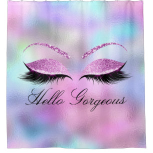 Name Eyelashes Girly Makeup Pink Holographic Glam Duschvorhang
