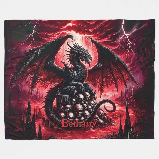 Name, Fantasy Fire Dragon with Skulls Fleecedecke (Vorderseite (Horizontal))