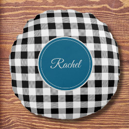 Name, Farbe, Schwarz-weißer Buffalo-Karo Rundes Kissen