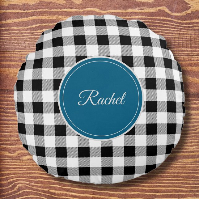 Name, Farbe, Schwarz-weißer Buffalo-Karo Rundes Kissen (Von Creator hochgeladen)