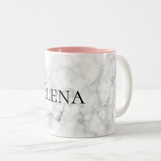 Name-/Farbeleganter weißer Marmordruck Zweifarbige Tasse (VorderseiteRechts)