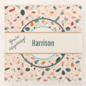 Name, farbenfrohe kleine Chips Mosaik Terrazzo Mus Glasuntersetzer (Vorderseite)